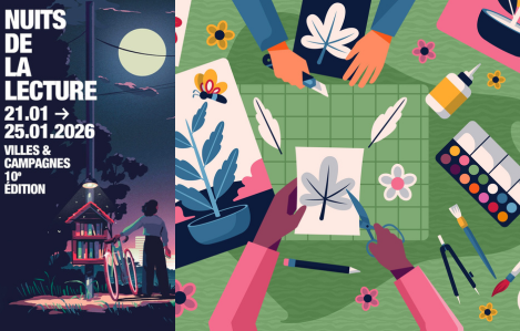 Illustration d'un paysage enneigé, des habitations qui s'accumulent et un beau soleil