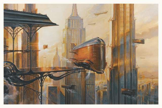 Dessin ville rétrofuturiste en noir et blanc